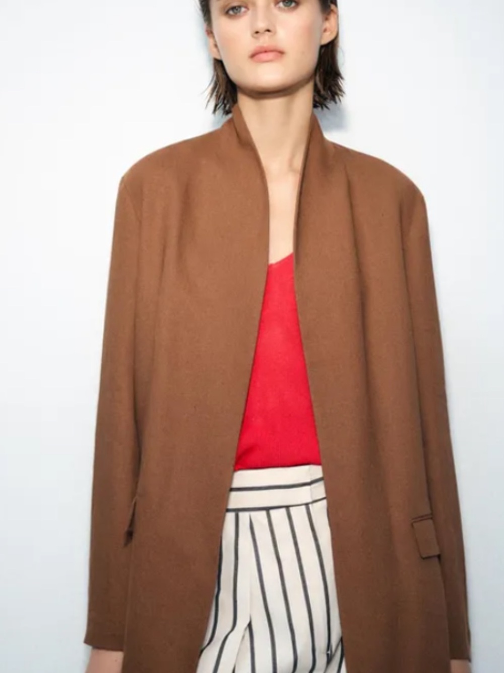 Zara Camel Open-Front Blazer with Red Top
